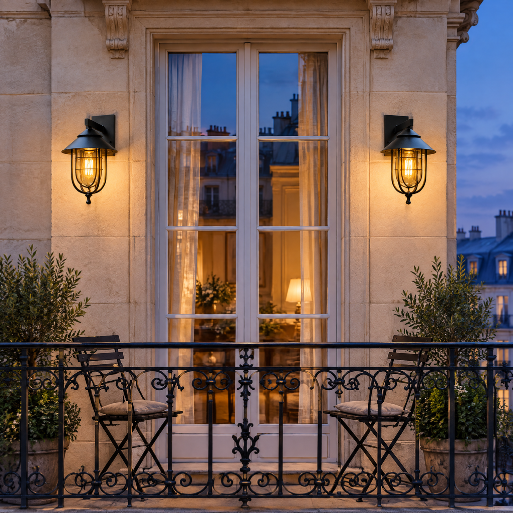 Deux lanternes murales vintage noires de part et d'autre d'une porte-fenêtre à Paris