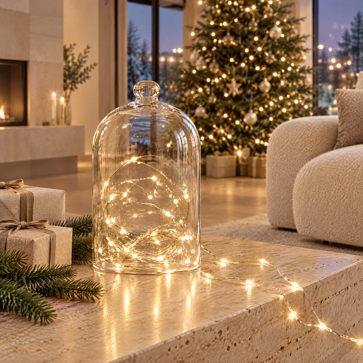 Guirlande lumineuse à piles micro LED dans une cloche en verre, décoration de Noël d'un salon moderne