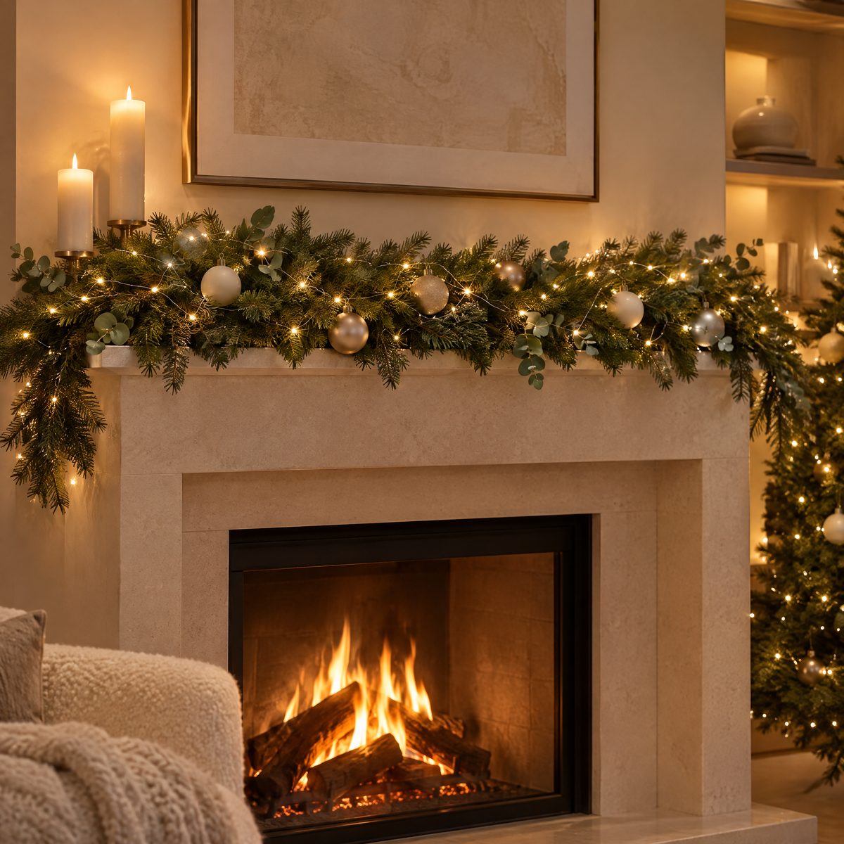 Guirlande micro LED blanc chaud glissée dans une guirlande de sapin sur une cheminée à Noël