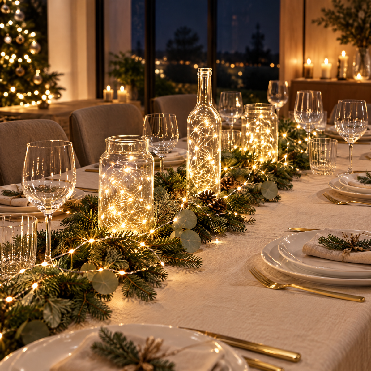 Guirlandes lumineuses à piles dans des bocaux en verre sur une table de Noël
