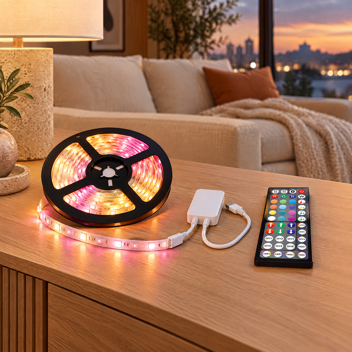 Ruban LED RGB avec boîtier de commande et télécommande 44 touches sur un meuble en chêne