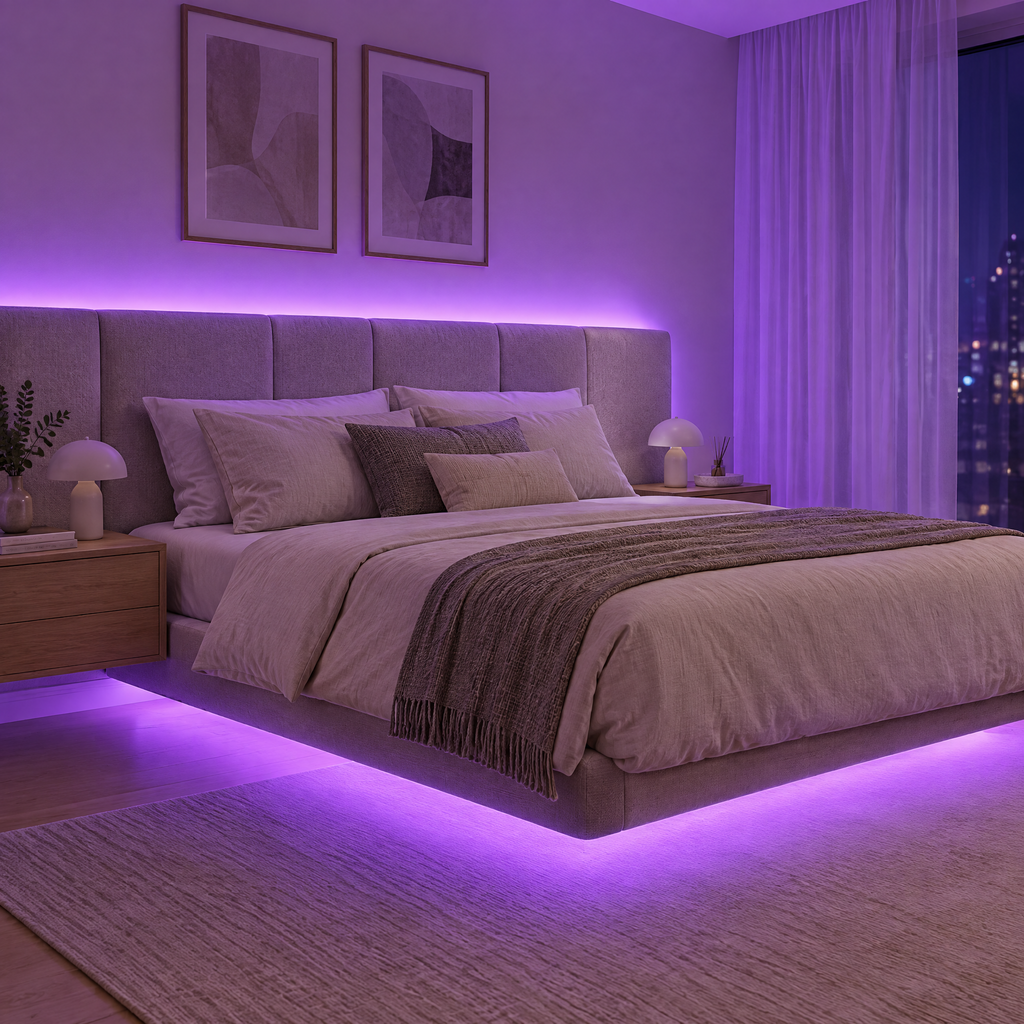 Bande LED derrière une tête de lit et sous le lit, lumière violette dans une chambre