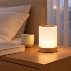 Lampe de chevet tactile sans fil allumée en blanc chaud sur une table de nuit en chêne