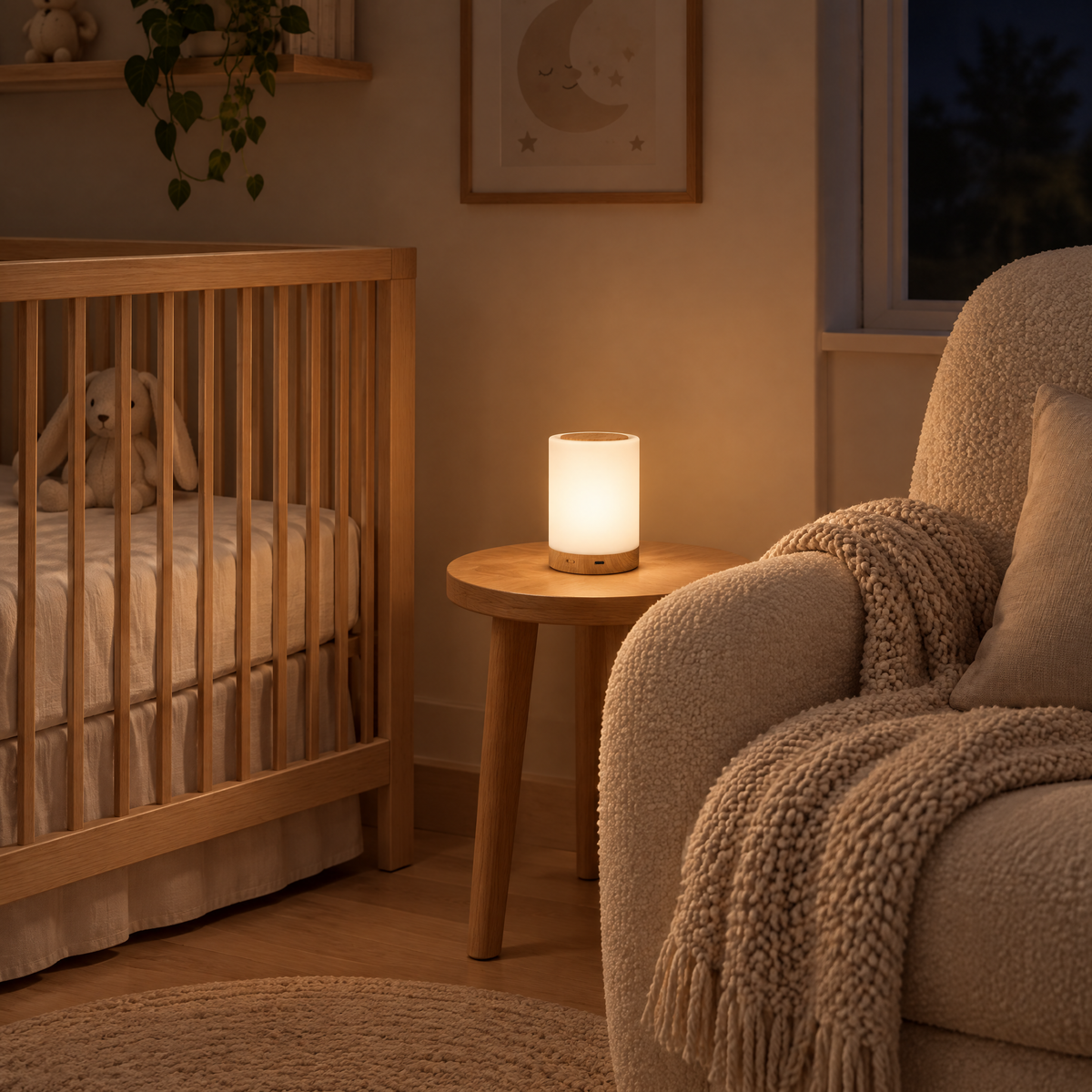 Veilleuse d'allaitement à lumière tamisée près d'un fauteuil et d'un lit bébé