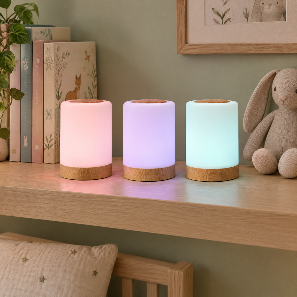 Trois veilleuses LED en rose, lavande et bleu dans une chambre d'enfant