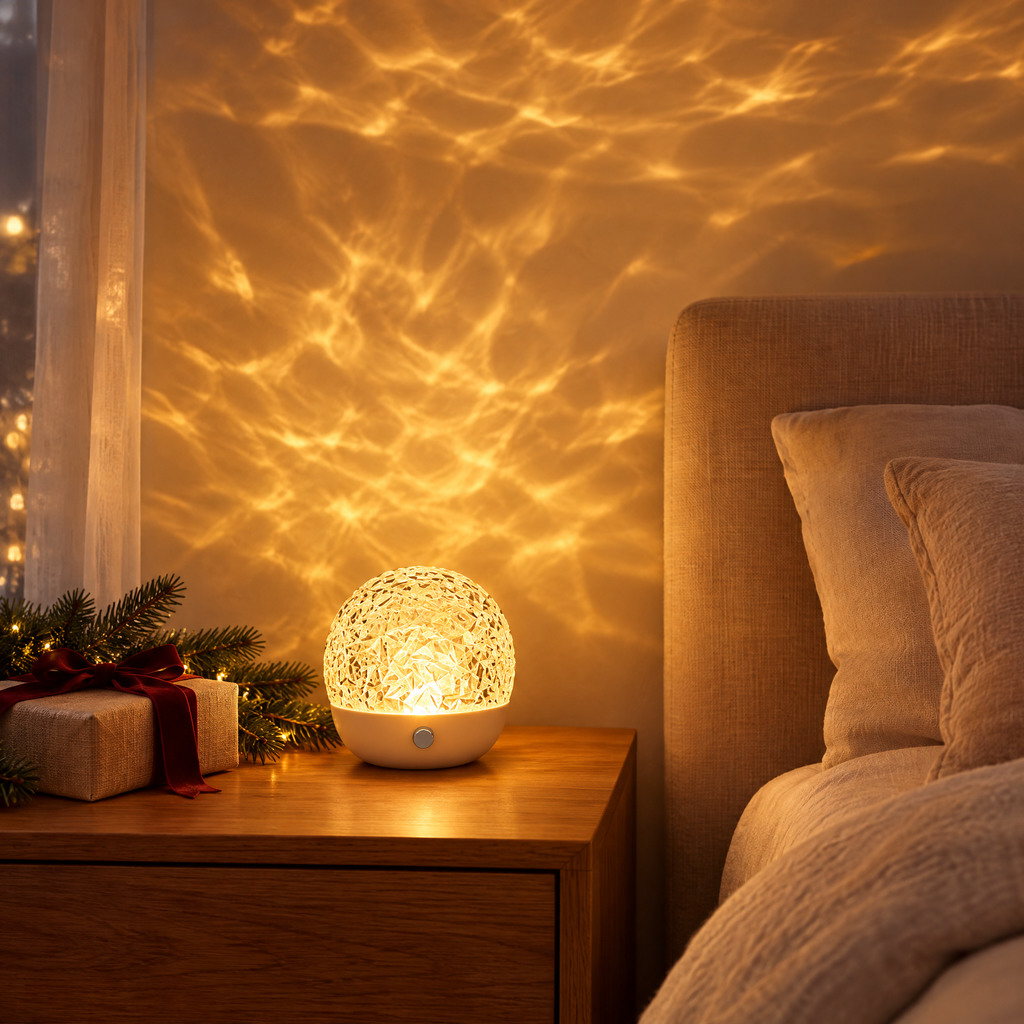 Lampe aurore boréale projetant des ondulations ambrées dans une chambre à Noël