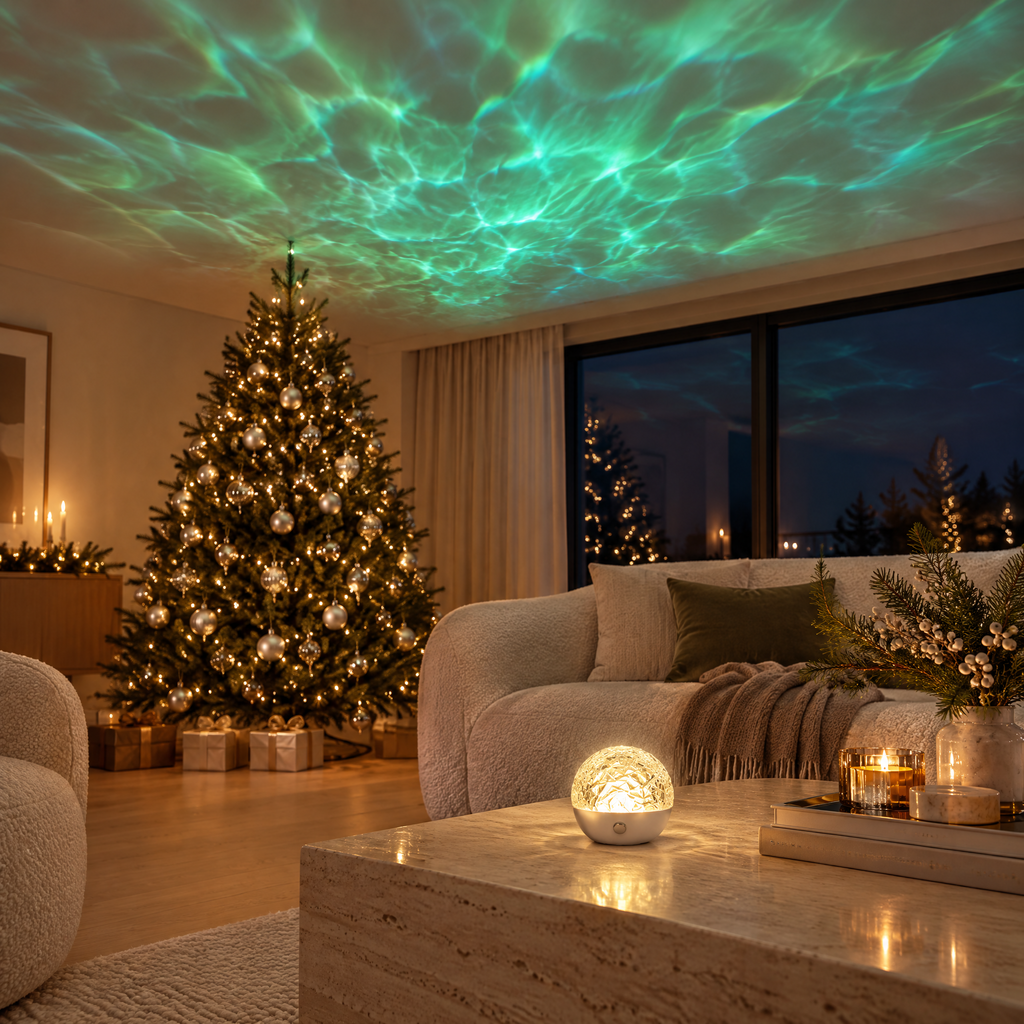 Projecteur d'ambiance effet aurore boréale au plafond d'un salon avec sapin de Noël
