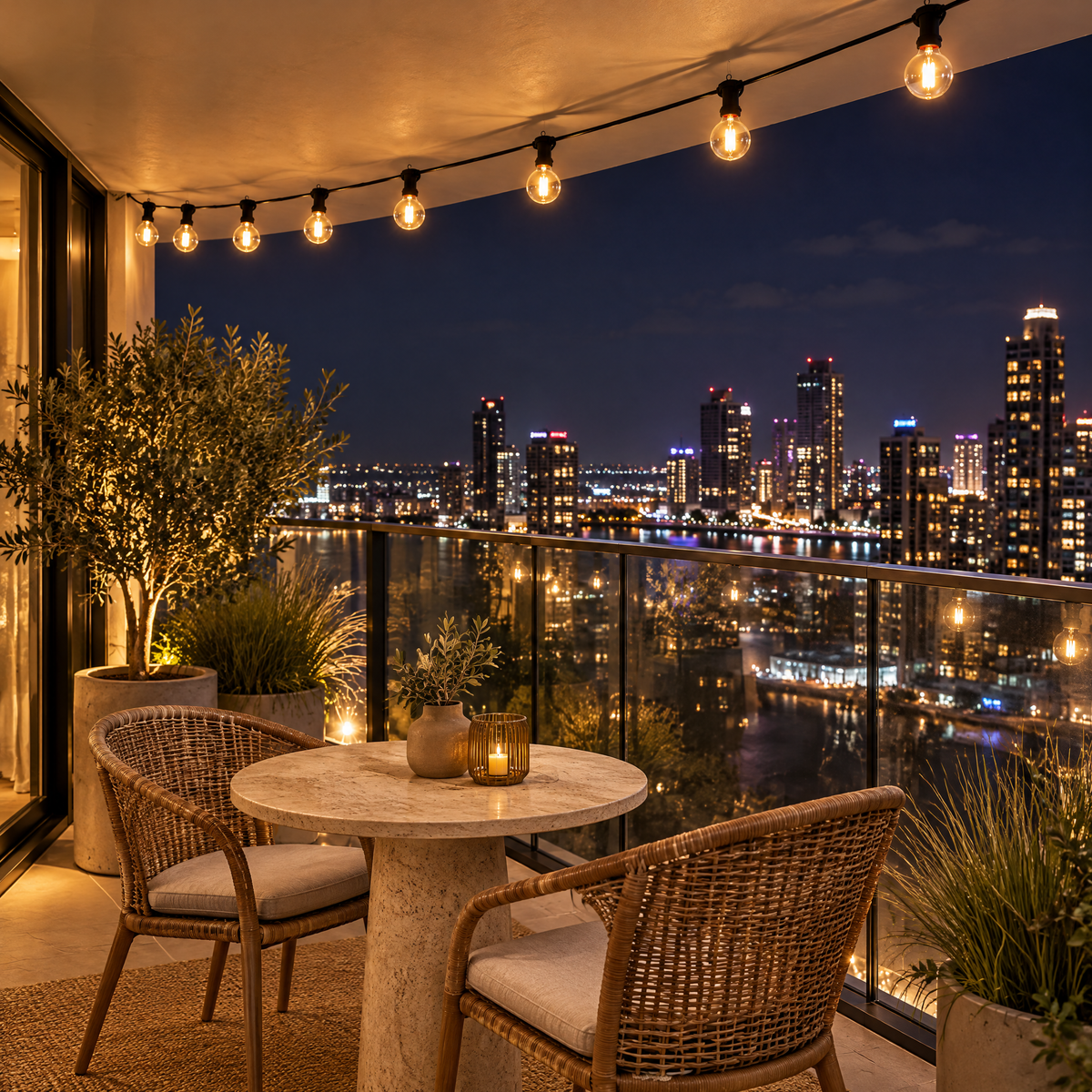 Guirlande lumineuse extérieur sous le plafond d'un balcon avec vue sur la ville