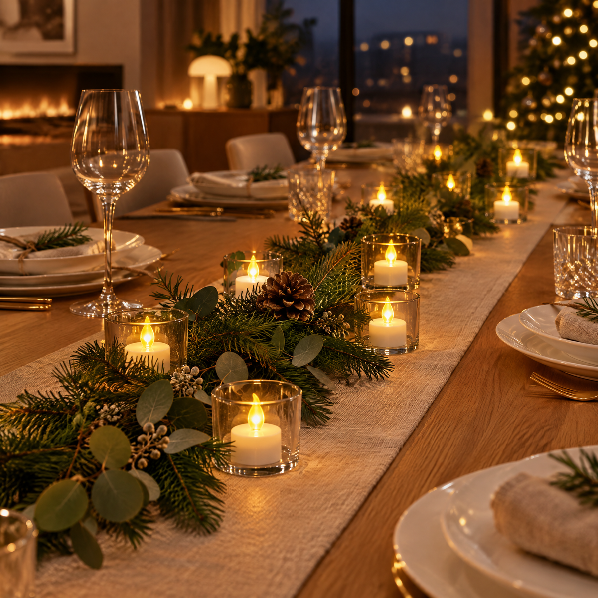 Bougies chauffe-plat LED sans flamme dans des photophores sur une table de Noël