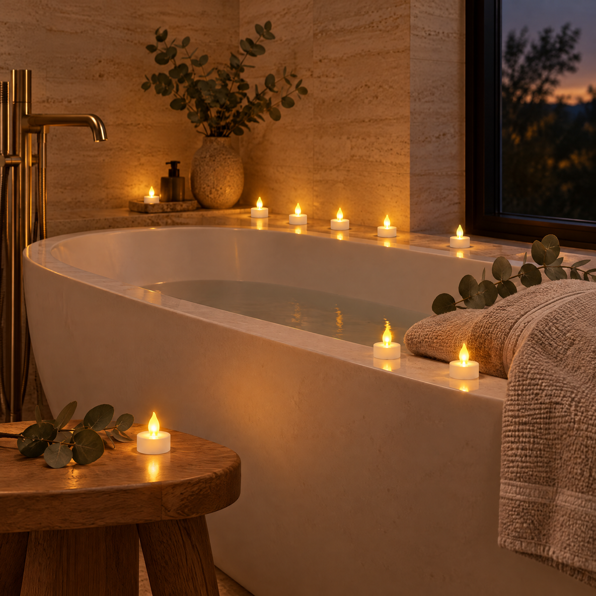 Bougies LED à flamme vacillante au bord d'une baignoire