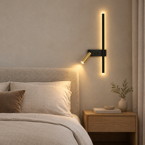 Applique murale chambre noire à liseuse dorée, à droite d'un lit