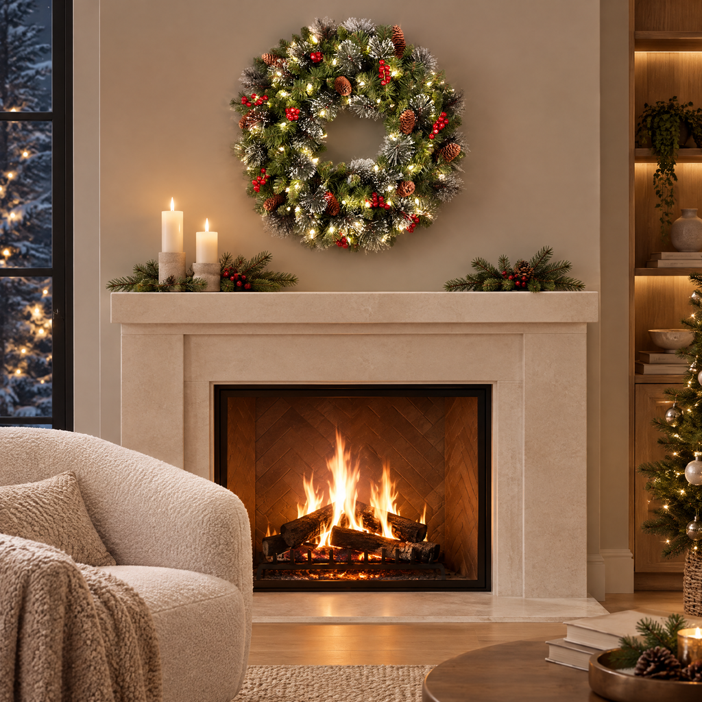 Couronne de Noël avec LED au-dessus d'une cheminée en pierre