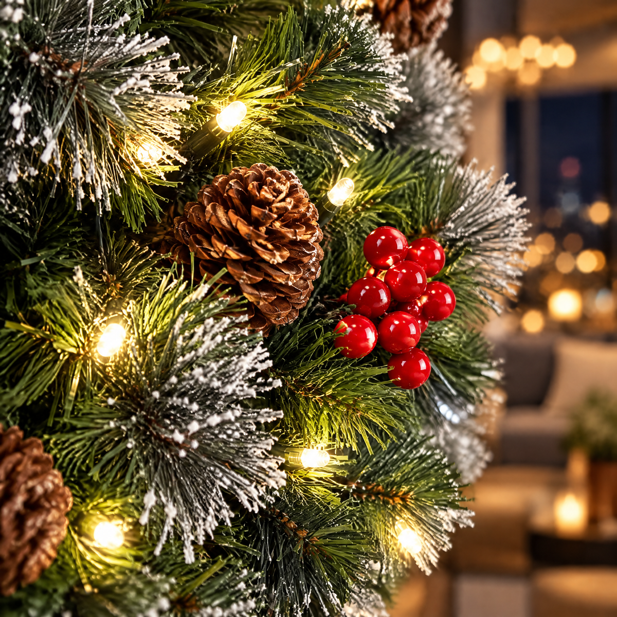 Détail de la couronne de Noël : sapin givré, pomme de pin, baies rouges et LED
