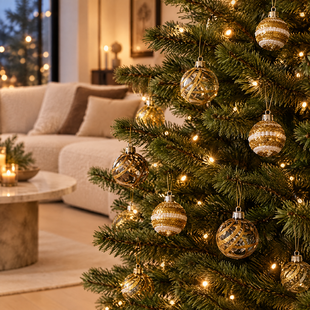 Boules de Noël dorées accrochées à un sapin dans un salon moderne
