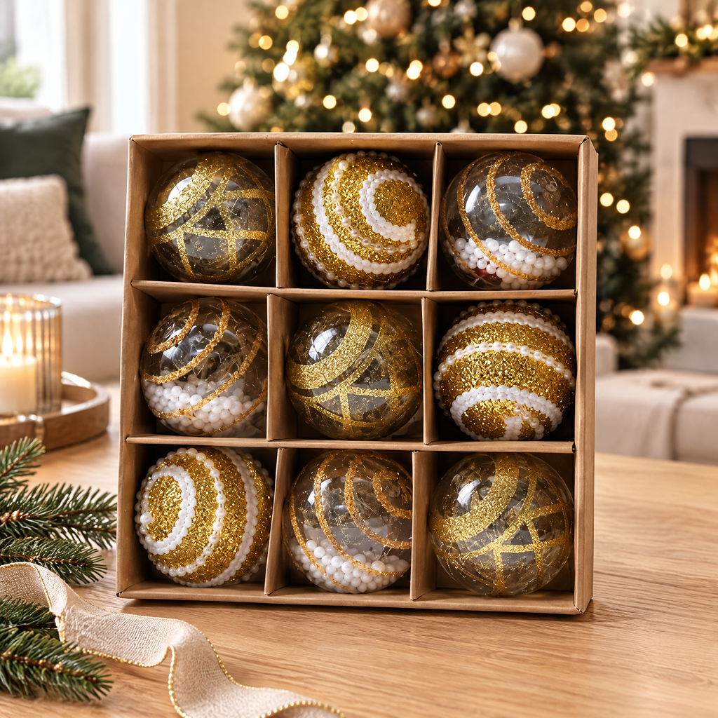Coffret de 9 boules de Noël or à spirales pailletées