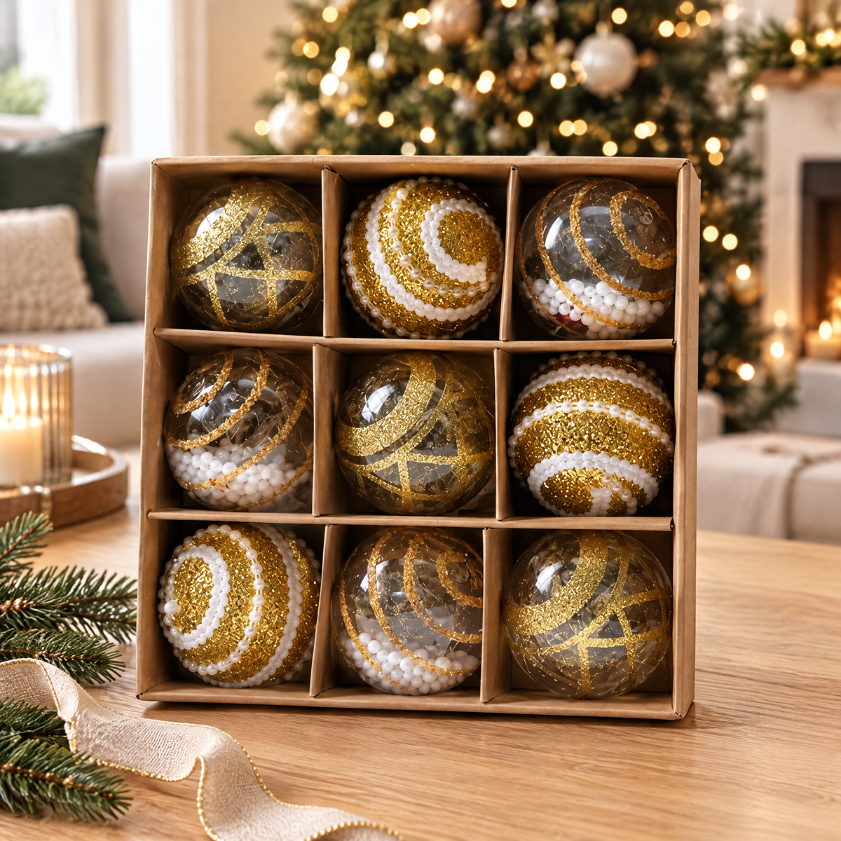 Coffret de 9 boules de Noël or à spirales pailletées