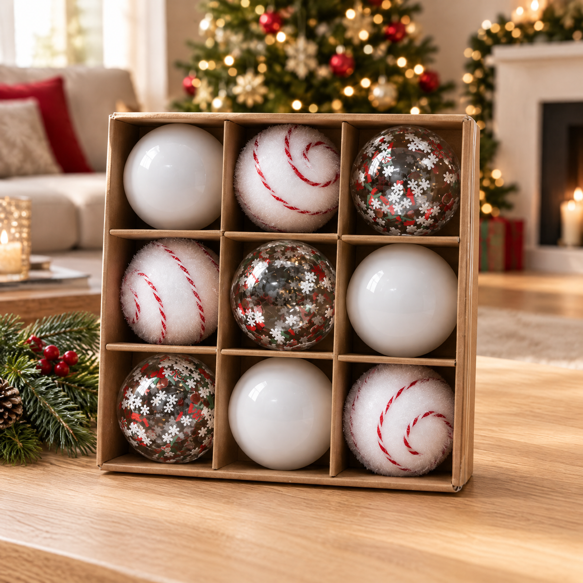 Coffret de 9 boules de Noël blanches et rouges façon sucre d'orge