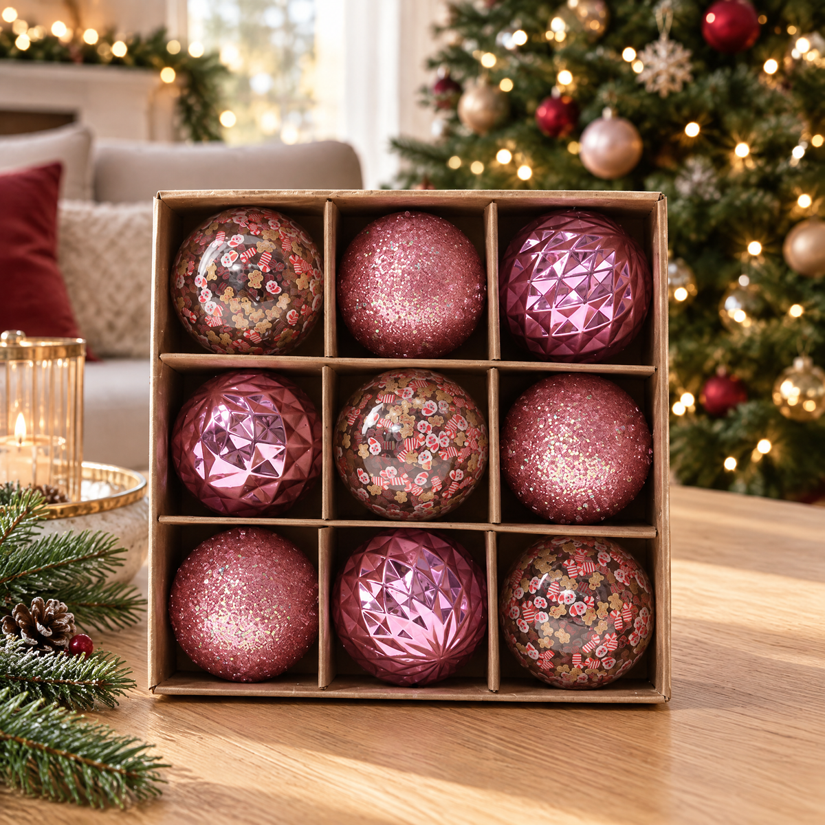 Coffret de 9 boules de Noël roses pailletées