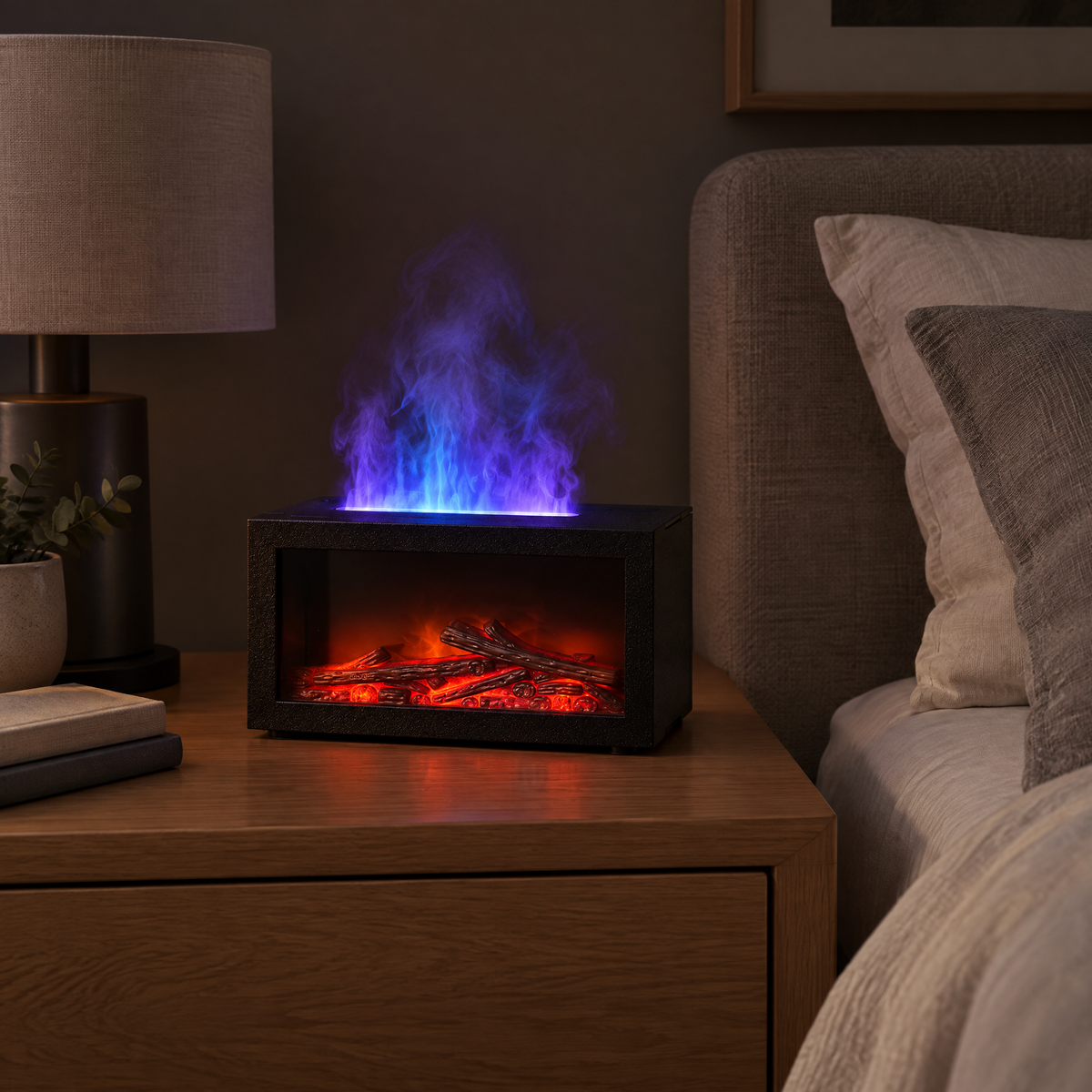 Diffuseur effet flamme bleue sur une table de nuit dans une chambre