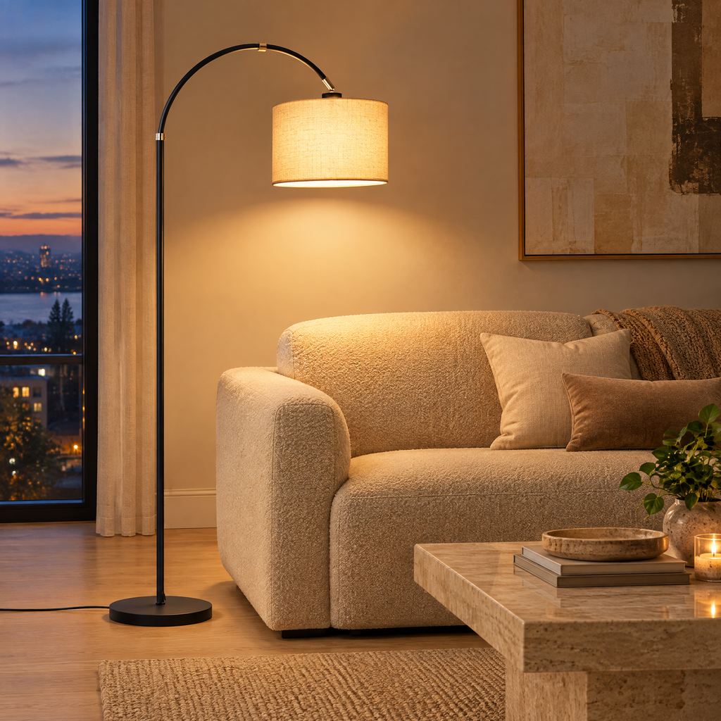 Lampadaire arc noir à abat-jour en lin à côté d'un canapé dans un salon moderne