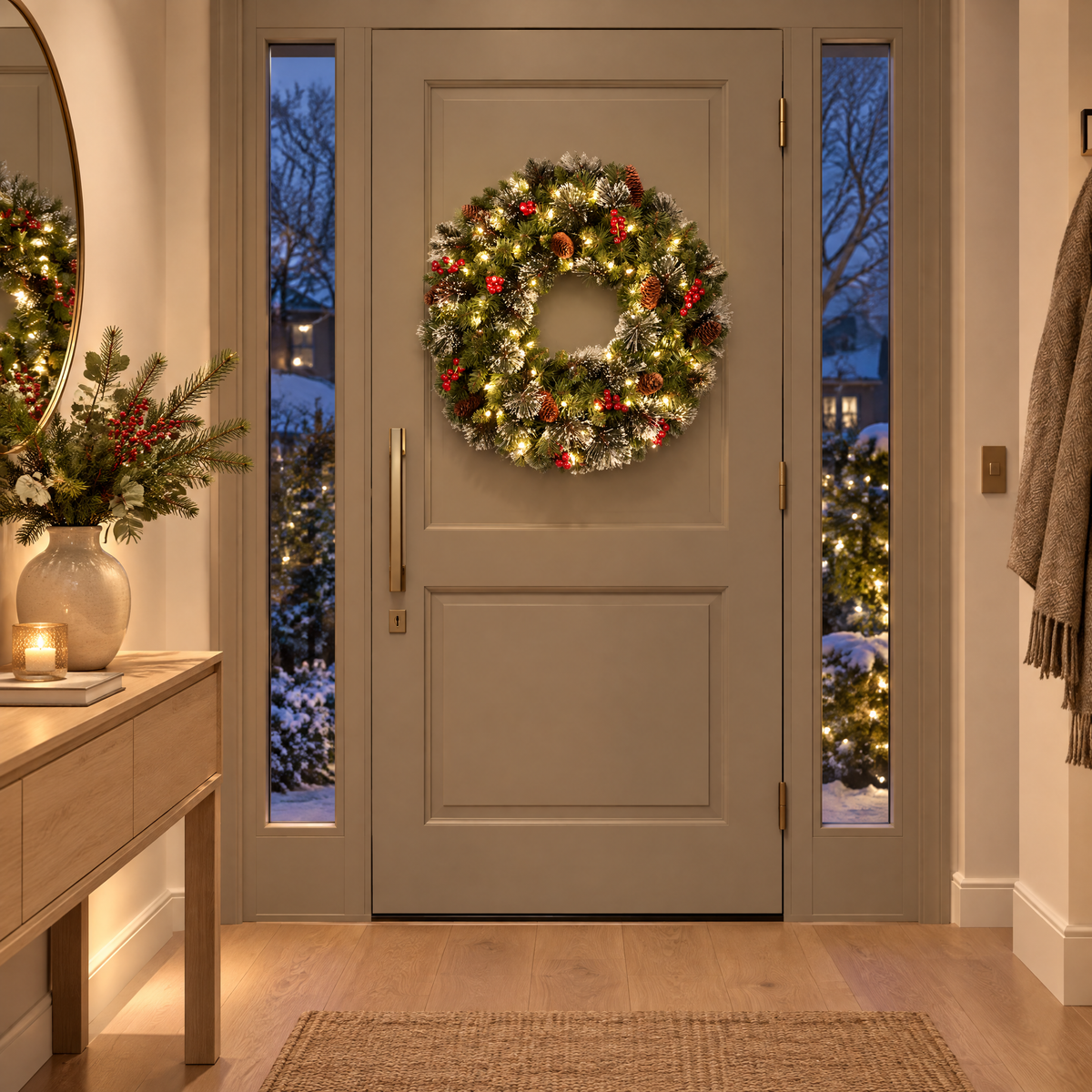 Couronne de Noël lumineuse accrochée à la porte d'entrée d'un hall moderne