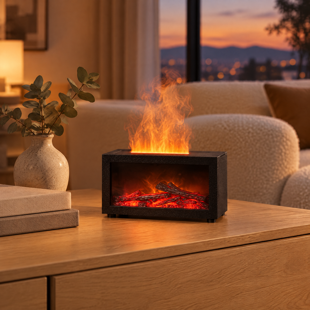 Humidificateur d'air effet cheminée avec flamme orange sur un buffet en chêne