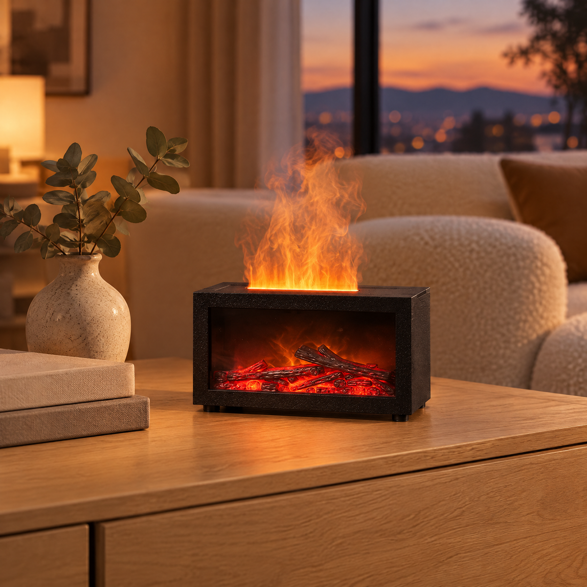 Humidificateur d'air effet cheminée avec flamme orange sur un buffet en chêne