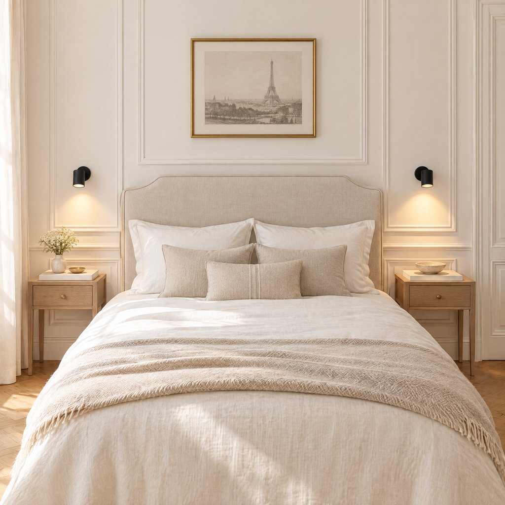 Deux appliques murales sans fil noires de chaque côté d'un lit dans une chambre parisienne