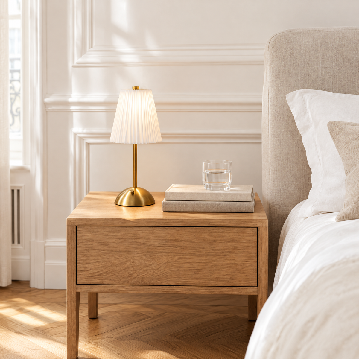 Lampe de chevet sans fil à abat-jour plissé blanc sur une table de nuit en chêne