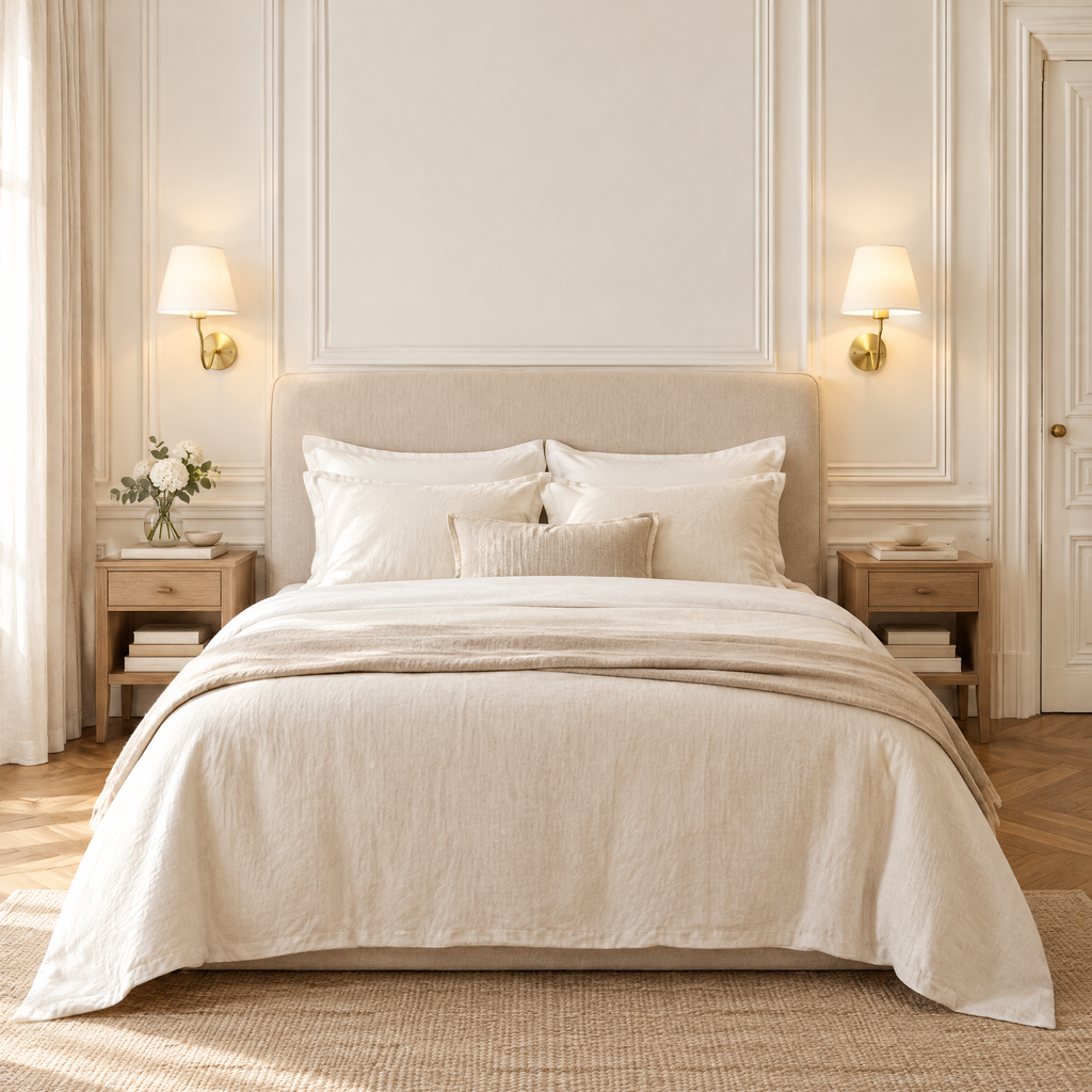 Deux appliques murales dorées à abat-jour en tissu blanc de chaque côté d'un lit dans une chambre parisienne