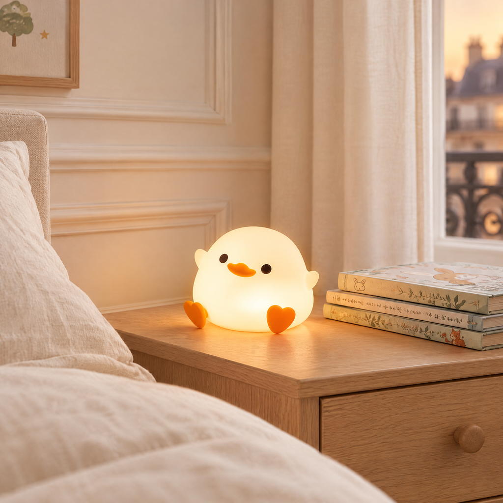 Veilleuse enfant canard allumée sur une table de chevet dans une chambre d'enfant