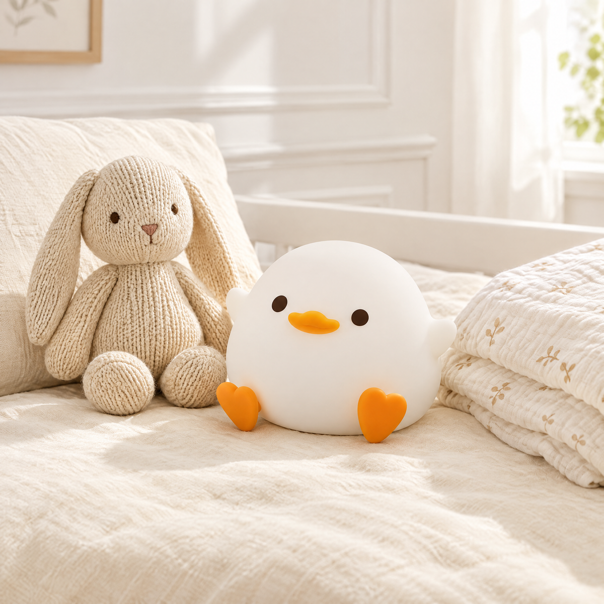 Veilleuse canard en silicone blanc posée sur un lit d'enfant à côté d'un doudou lapin