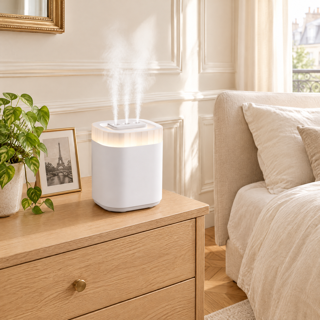 Humidificateur d'air blanc 3 L diffusant une brume froide sur une commode en chêne dans une chambre parisienne