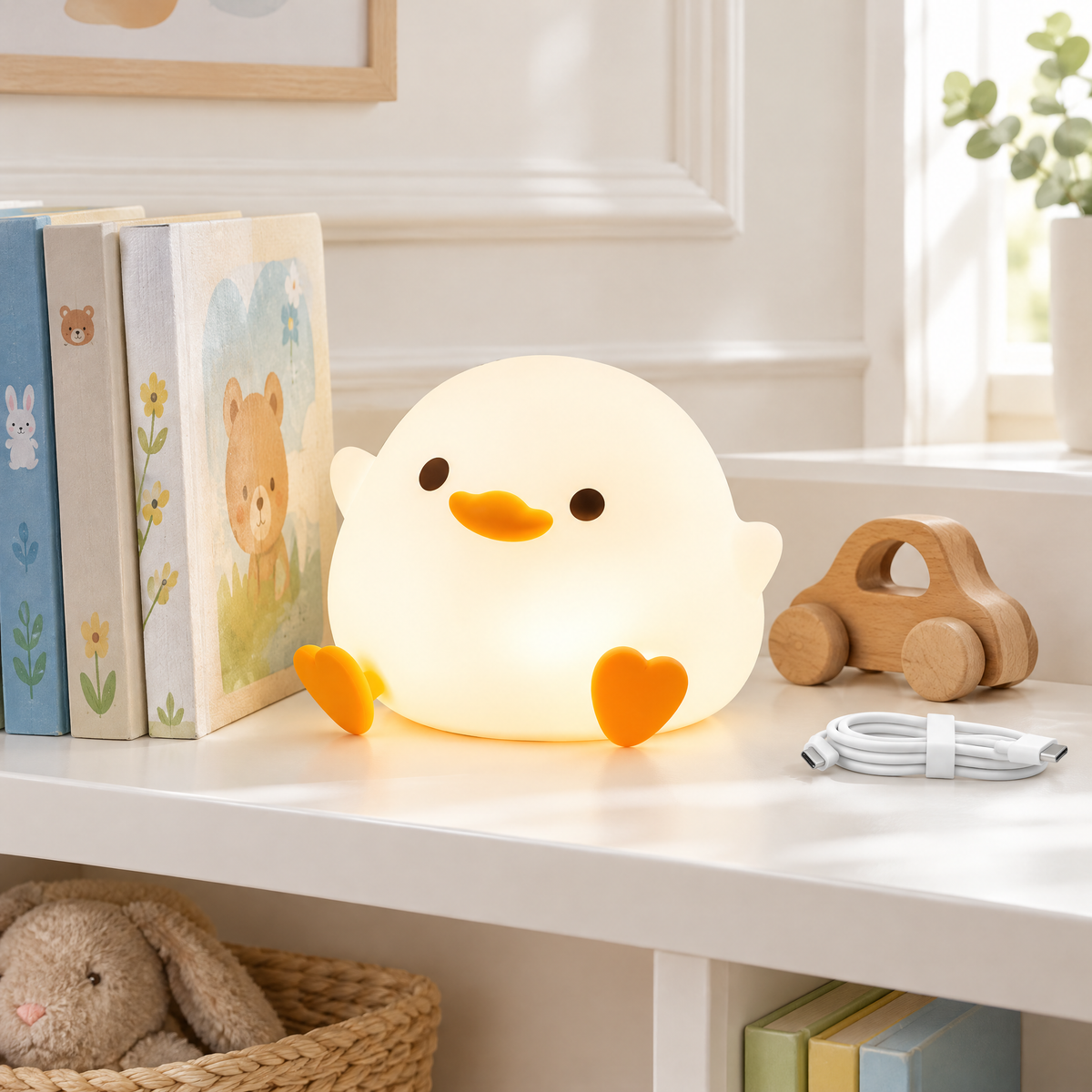 Veilleuse canard allumée sur une étagère de chambre d'enfant avec son câble USB-C