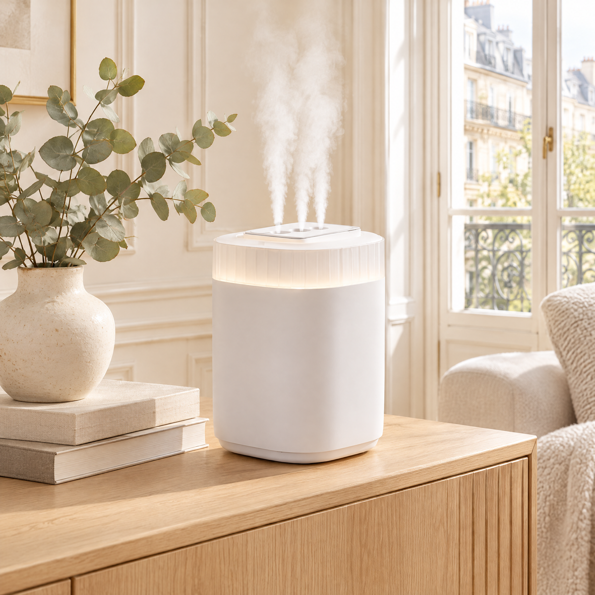 Humidificateur d'air blanc diffusant une brume froide sur un buffet en chêne dans un salon parisien