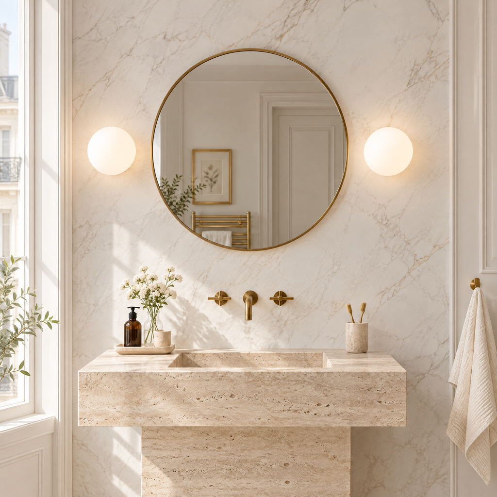Deux appliques boule en verre opalin de chaque côté d'un miroir de salle de bain