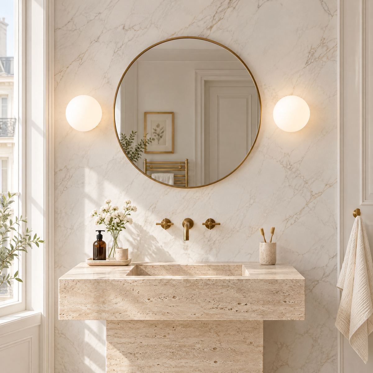 Deux appliques boule en verre opalin de chaque côté d'un miroir de salle de bain