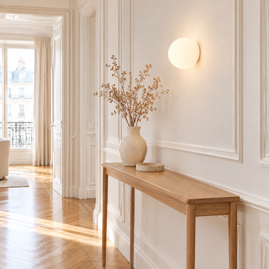 Applique boule en verre opalin au-dessus d'une console dans une entrée