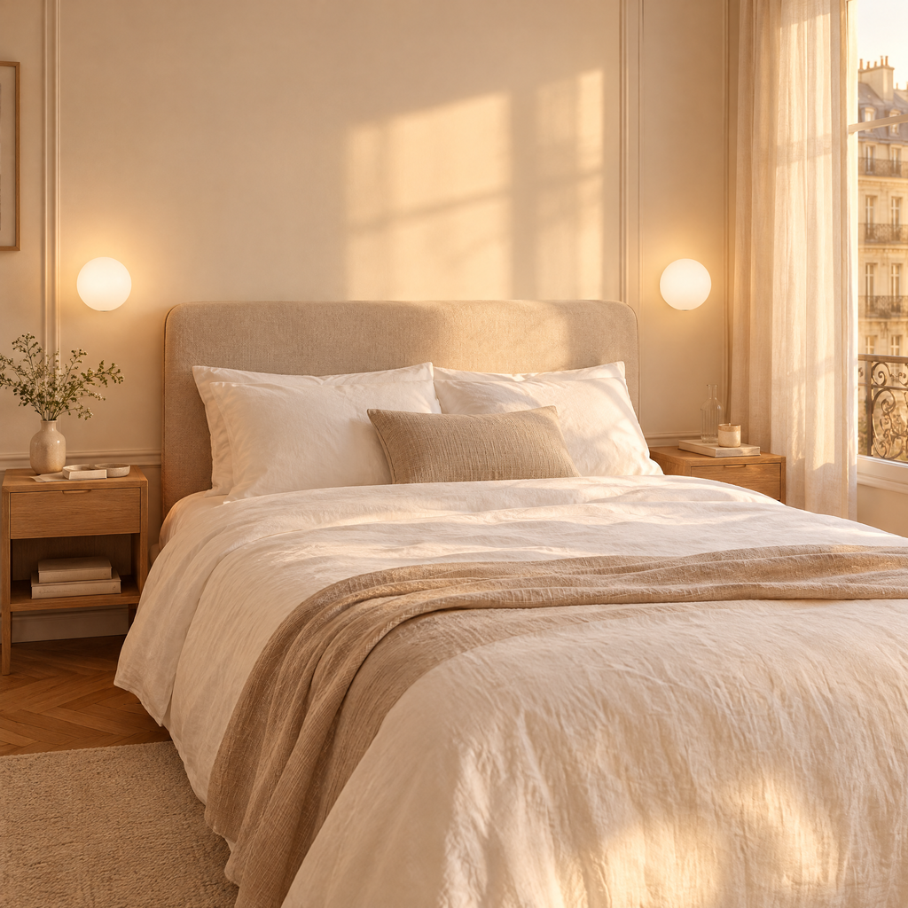 Deux appliques boule en verre opalin de chaque côté d'un lit