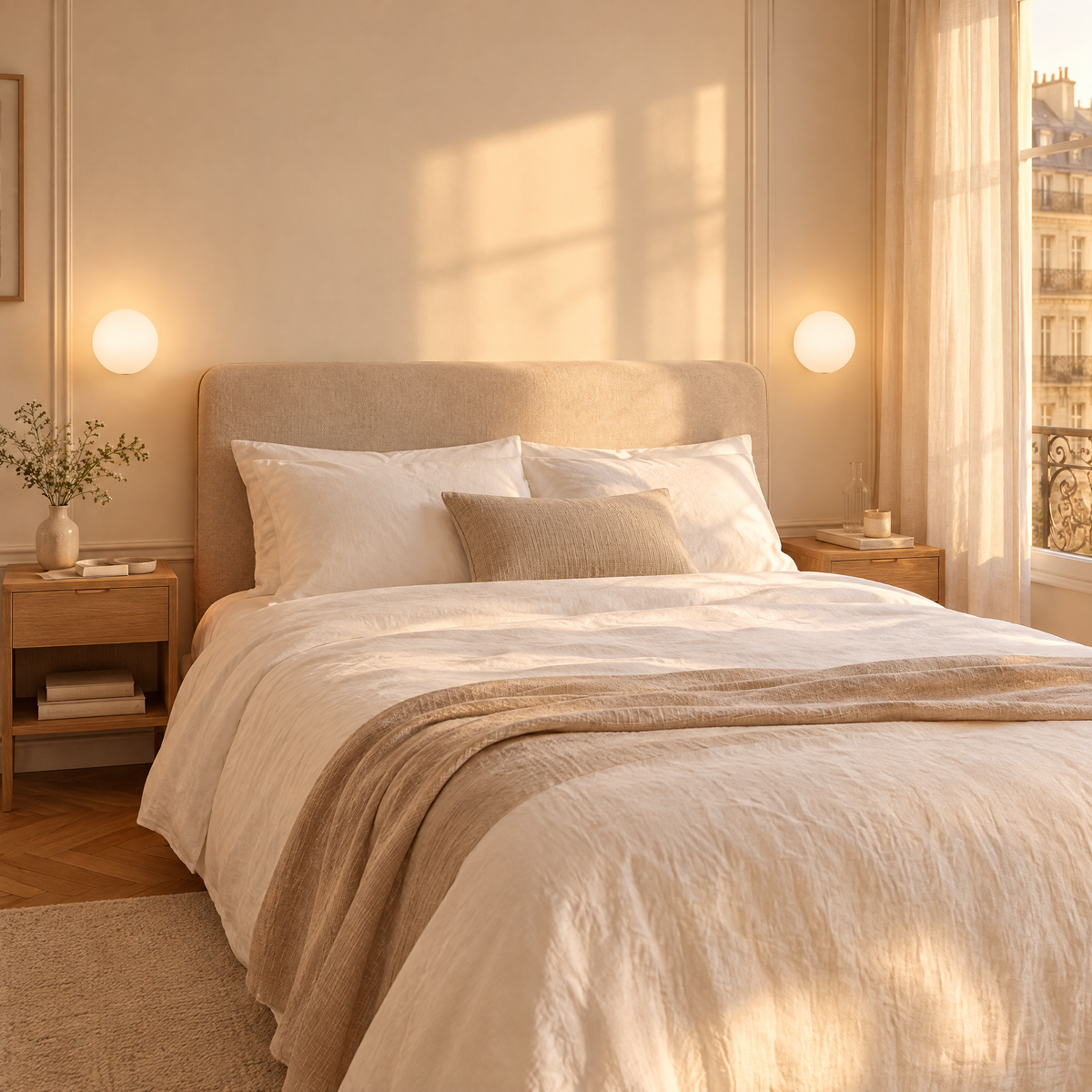 Deux appliques boule en verre opalin de chaque côté d'un lit