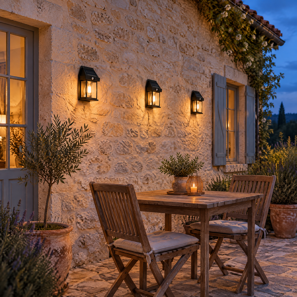 Trois appliques solaires lanterne allumées sur le mur d'une terrasse le soir