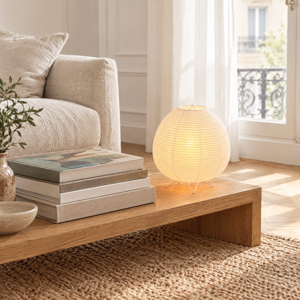 Lampe en papier de riz sur un banc bas en chêne dans un salon