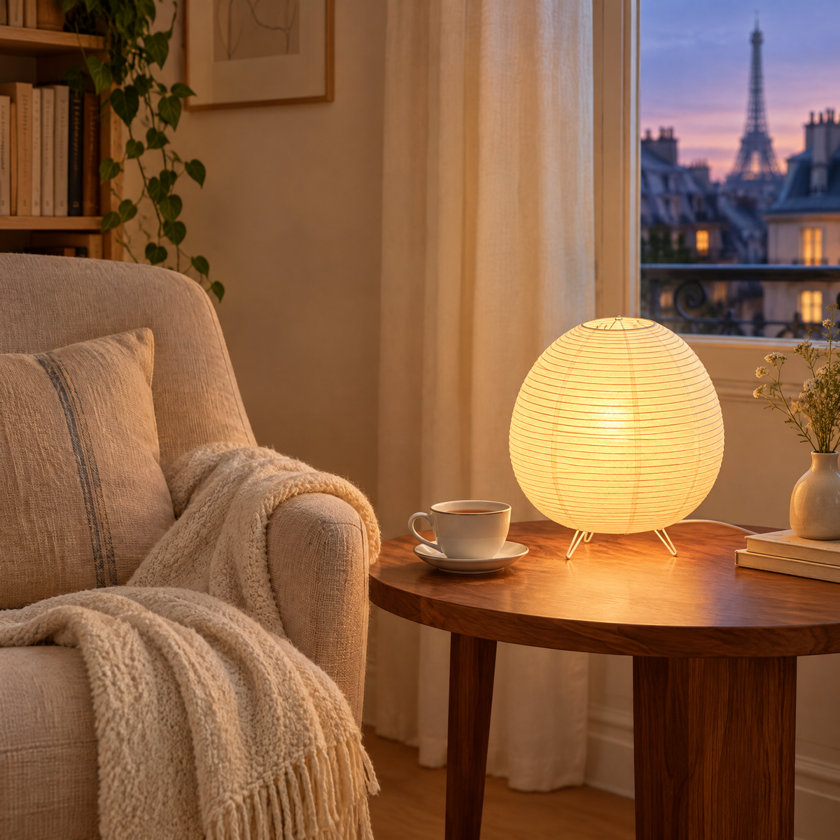 Lampe en papier de riz allumée sur un guéridon dans un coin lecture le soir