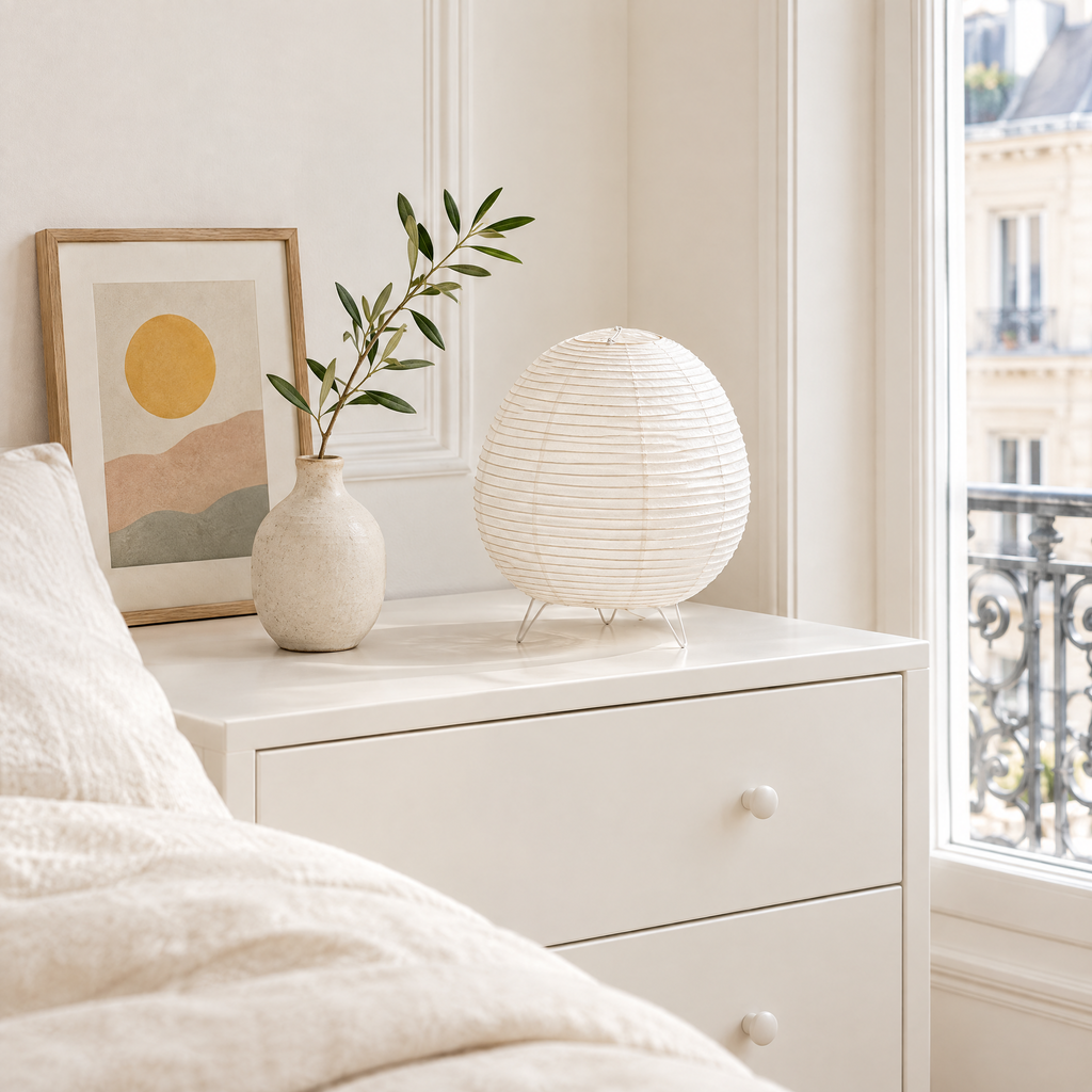Lampe en papier de riz sur une commode blanche dans une chambre