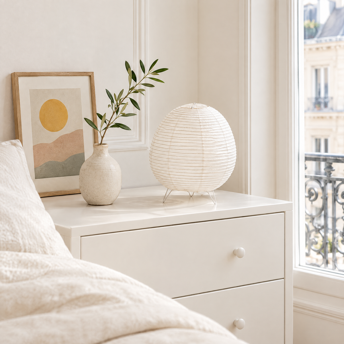 Lampe en papier de riz sur une commode blanche dans une chambre
