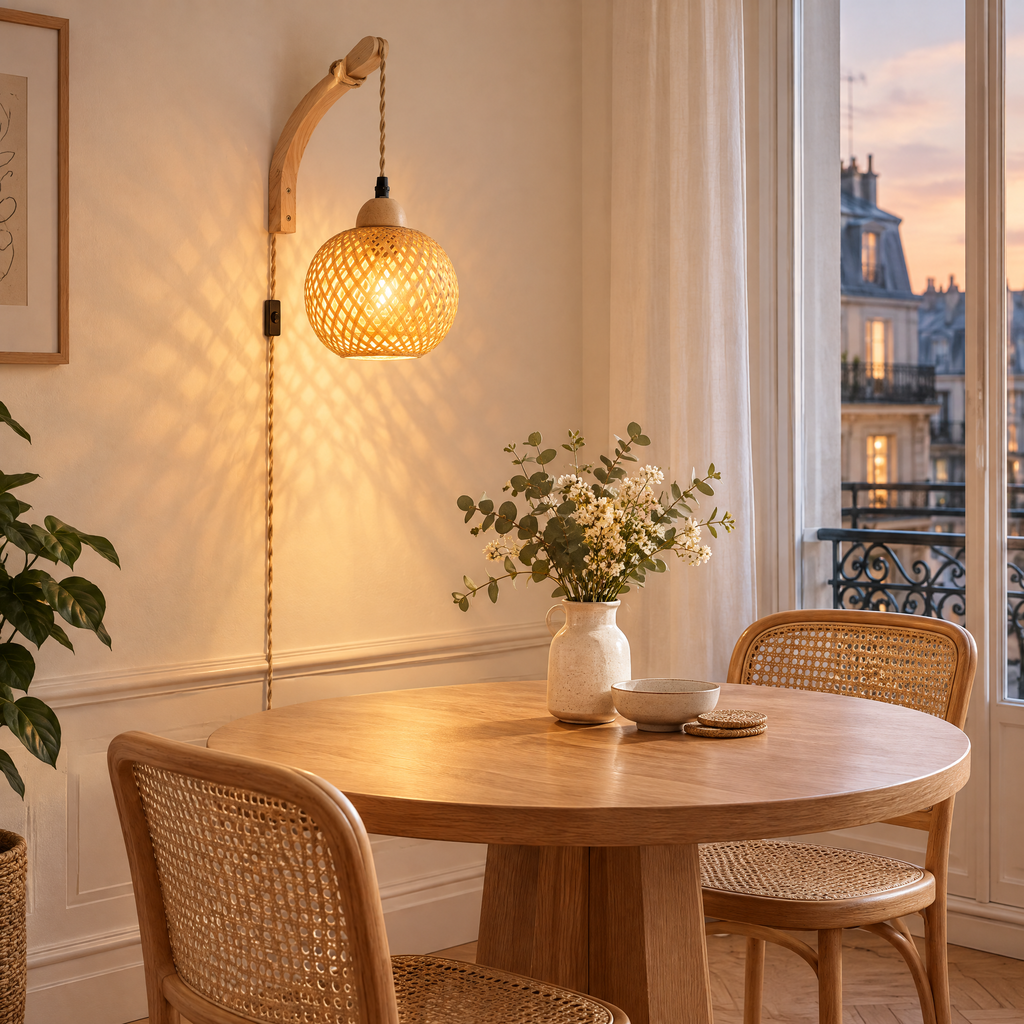 Applique en bambou tressé allumée au-dessus d'une table ronde le soir
