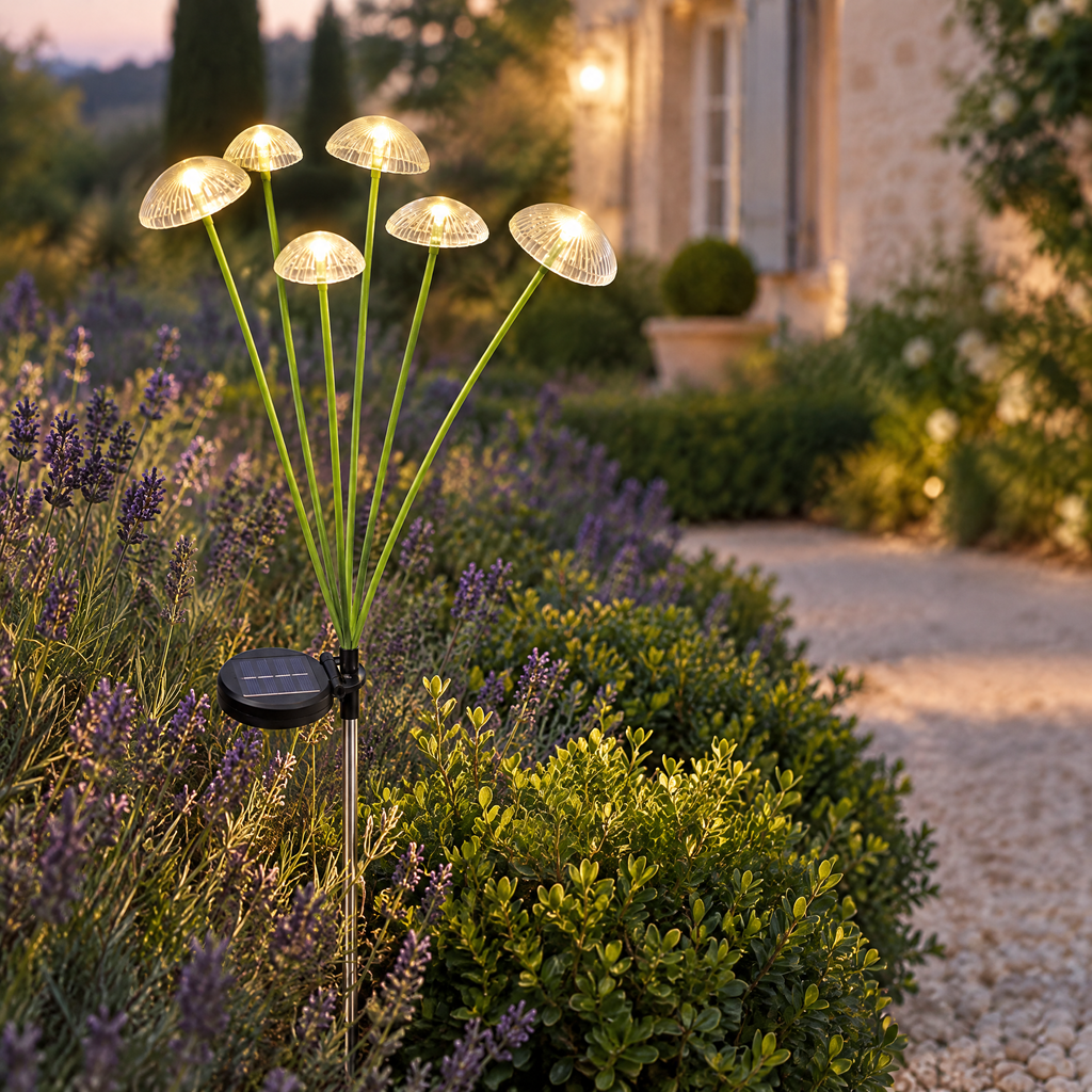 Lampe solaire de jardin à six champignons lumineux blanc chaud dans un massif de lavande