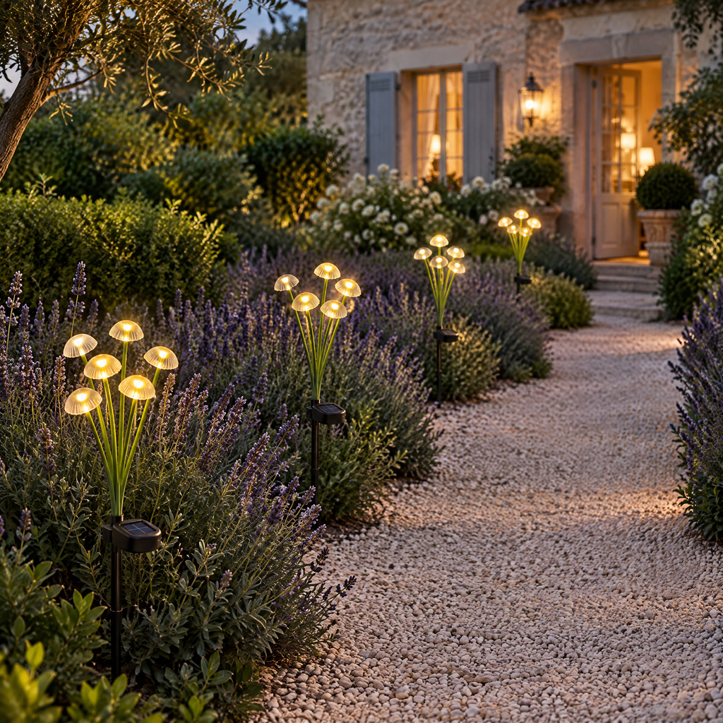 Quatre lampes solaires champignons lumineux le long d'une allée de jardin