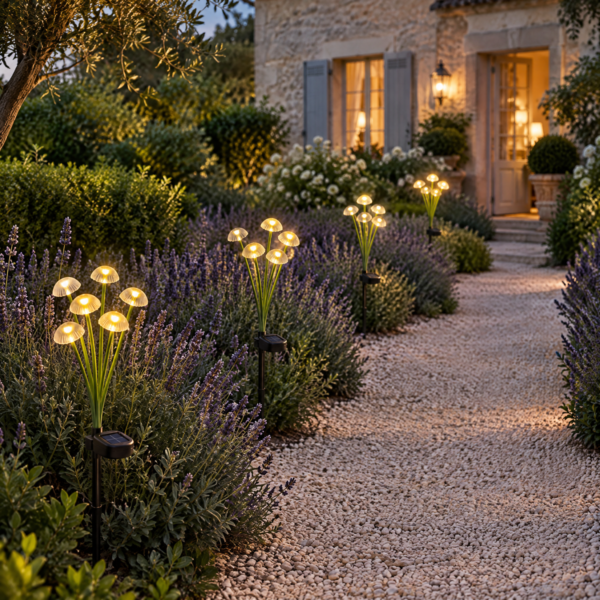 Quatre lampes solaires champignons lumineux le long d'une allée de jardin