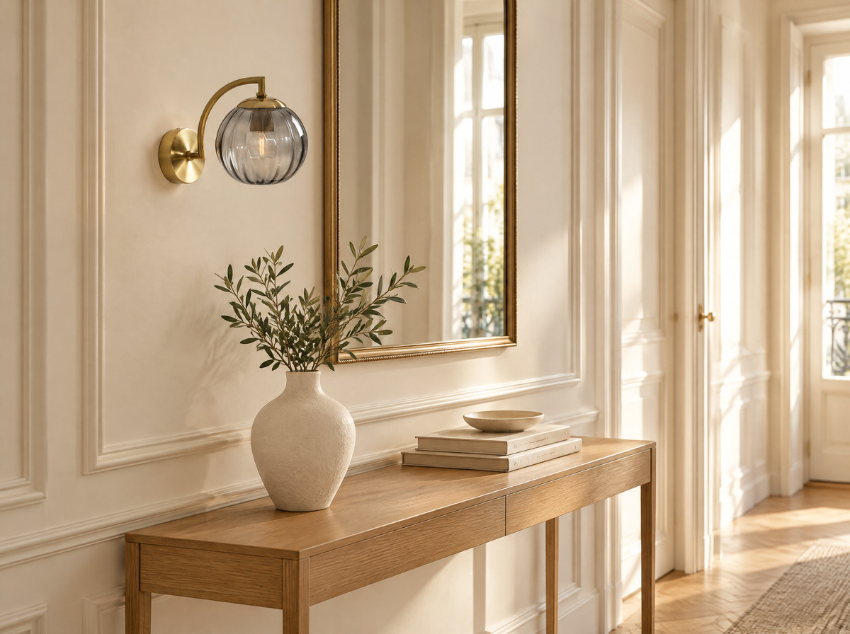 Applique globe en verre fumé au-dessus d'une console d'entrée